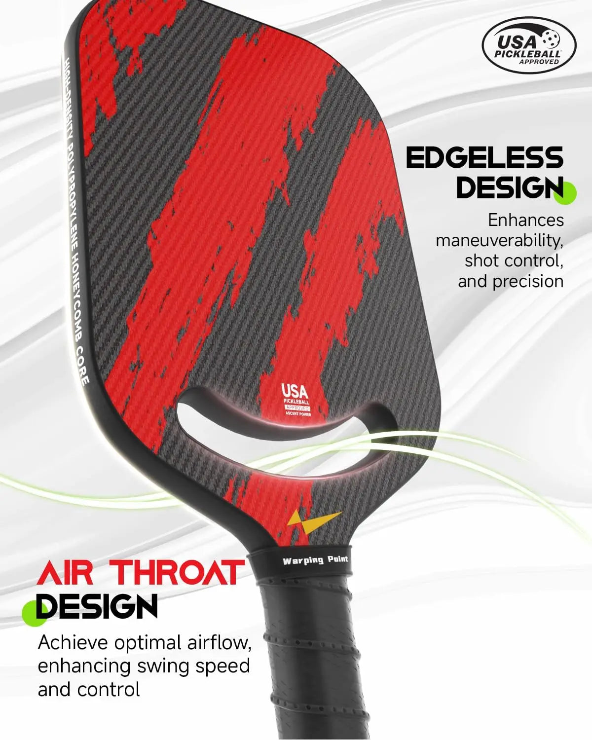 Warping Point Ascent Pickleball Paddles | Carbon Fiber Racket Aero Throat | Textured Grit Surface | Hexa Polymer Core | Designed-2